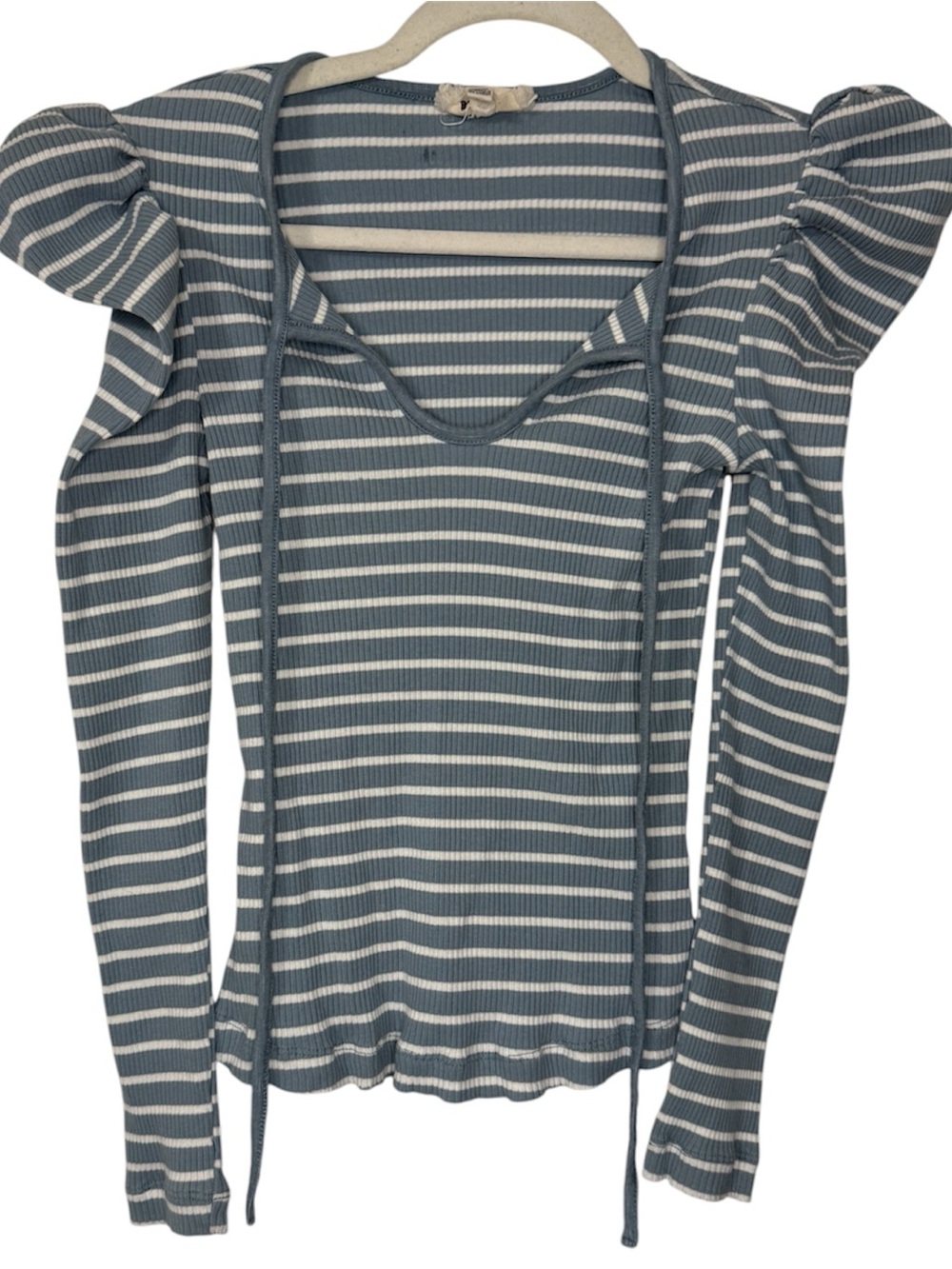 Anthropologie Porridge Striped Puff-Sleeve Tie-Neck Top in Light Blue - Picture 3 of 7